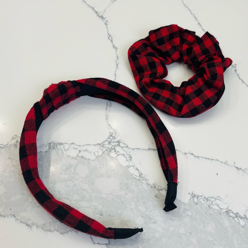 Amazon Flannel Knotted Headband and Scrunchie, Plaid, Red and Black